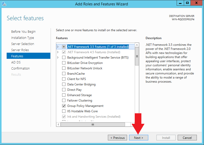 select features for active directory