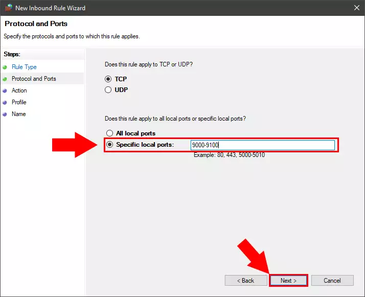 Specify port range