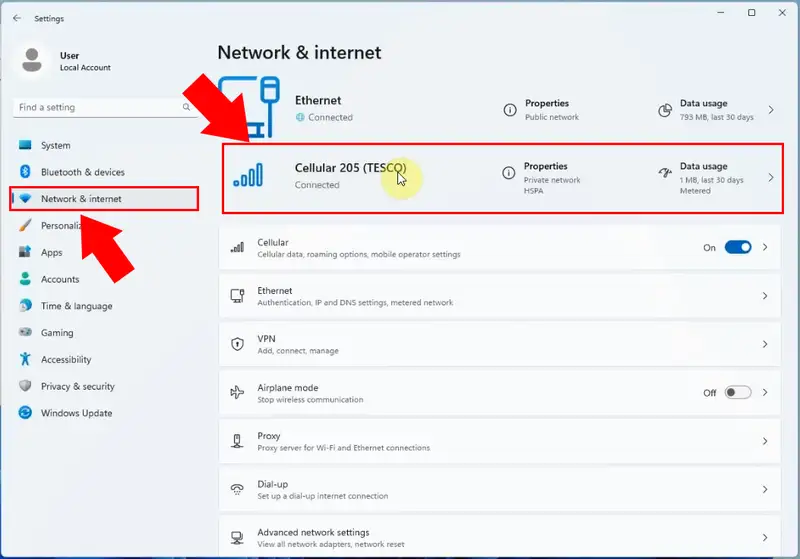 Interface in the Windows settings