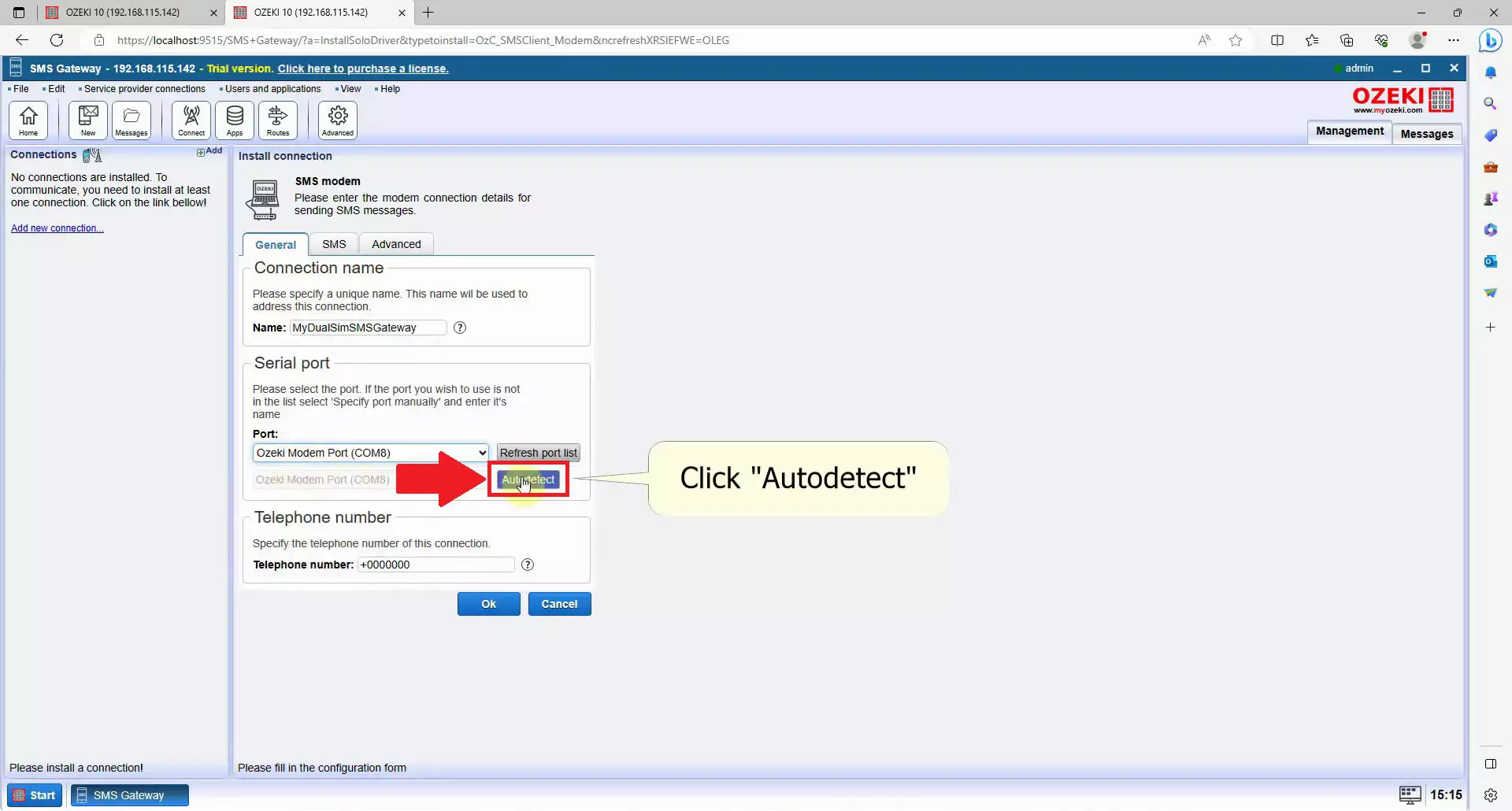 autodetect button in red square after serial port