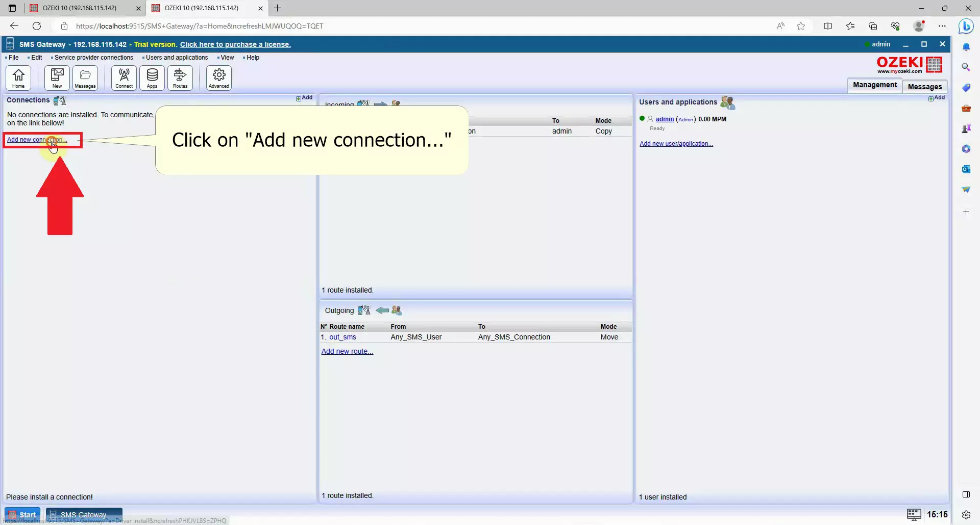 ozeki sms gateway showing connections add new connection in red square