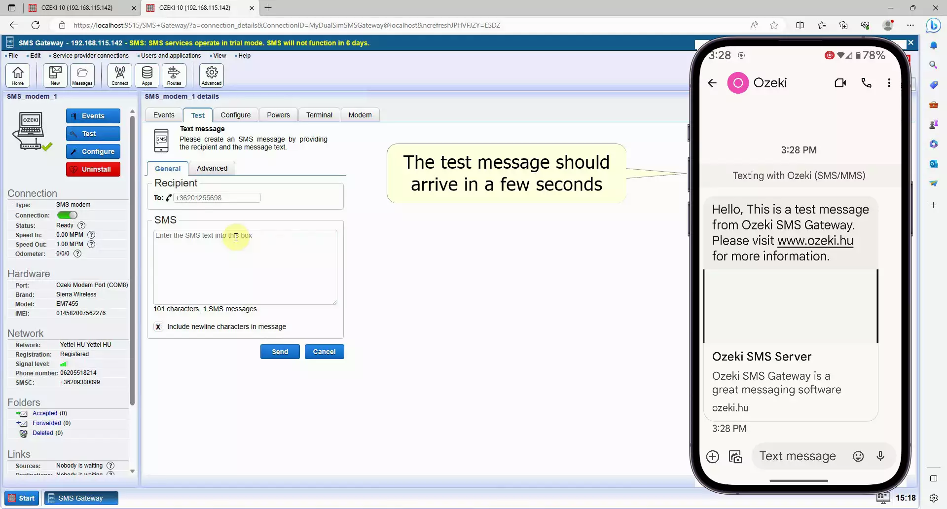 phone showing an incoming sms from the sms gateway