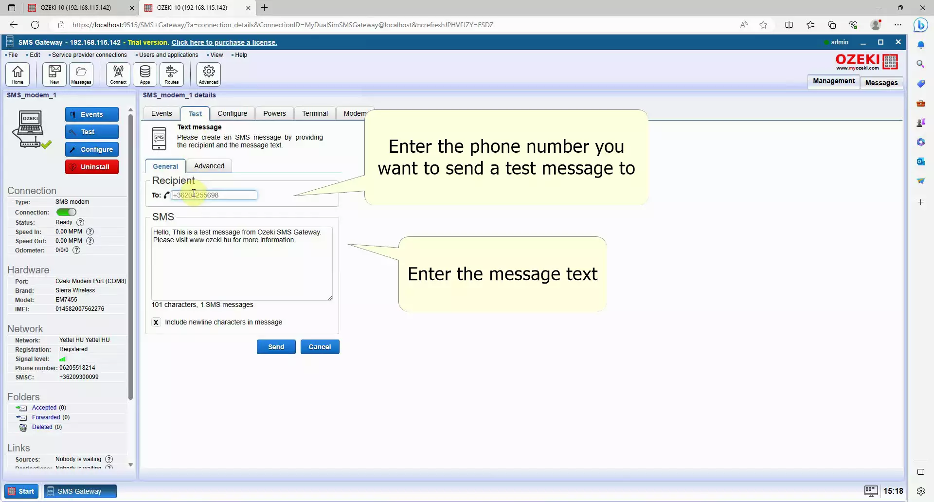 sms gateway details add recipient and sms body