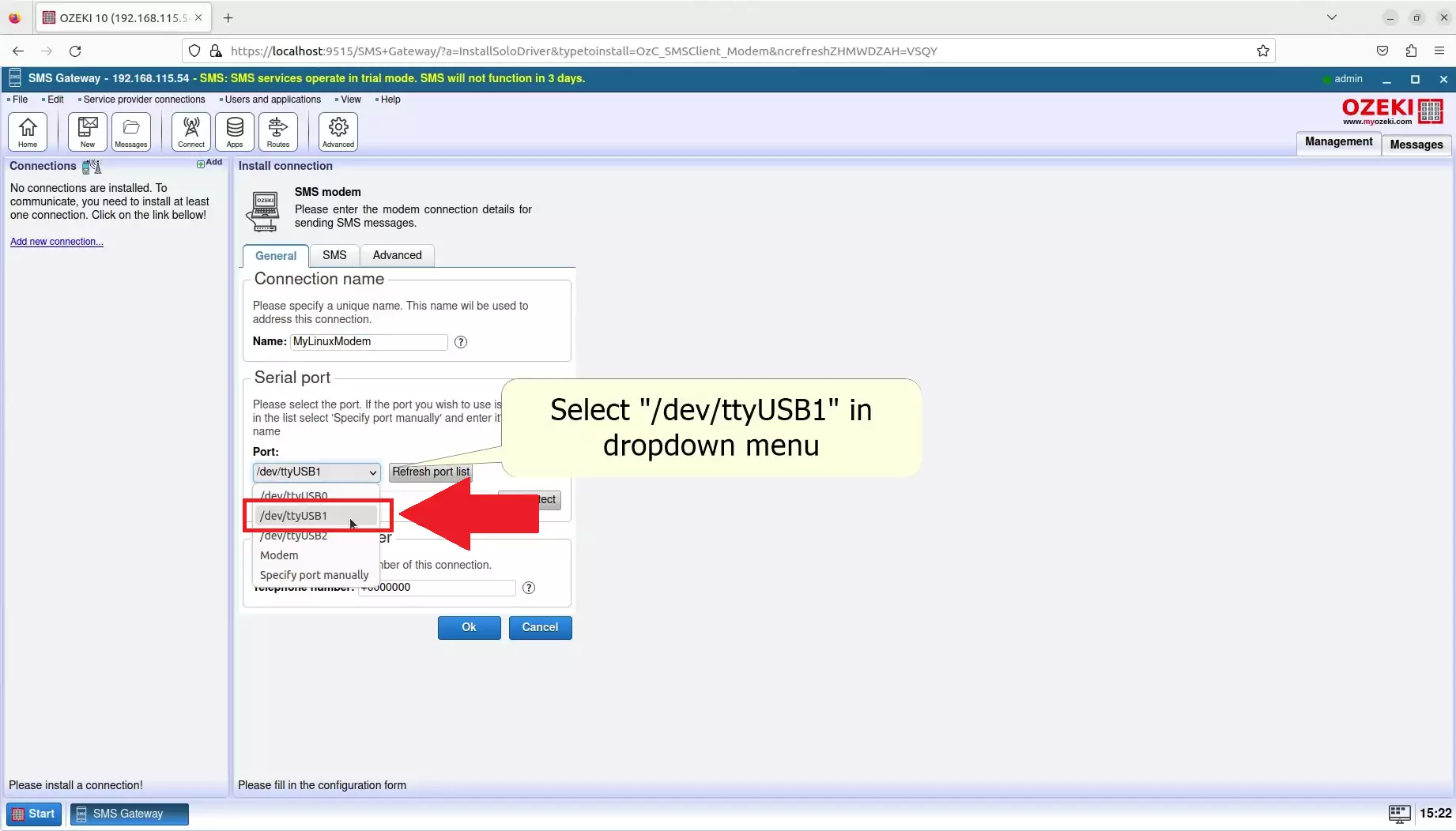 serial port menu where dev ttyusb1 port is selected