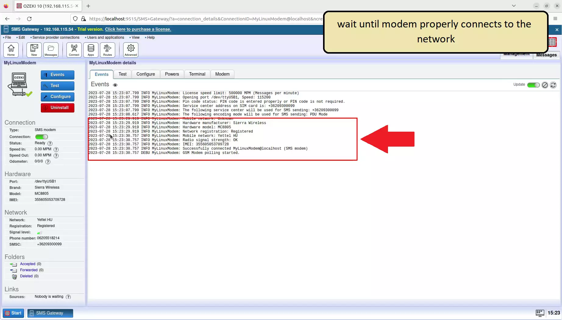 event log showing that the modem connected to the network