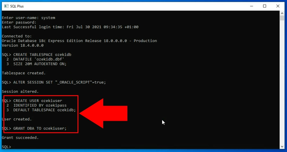 create ozekiuser user in oracle