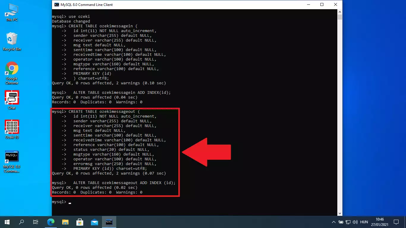 paste ozekimessageout create table statemets and run it on the mysql database server