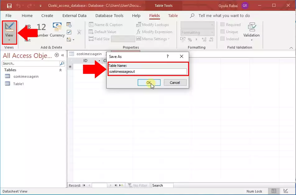 change table to design view