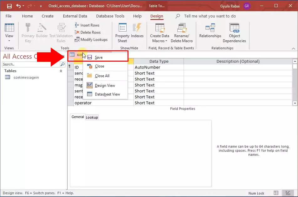 save database table