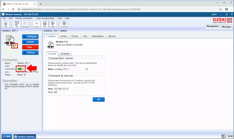 enable modbus connection