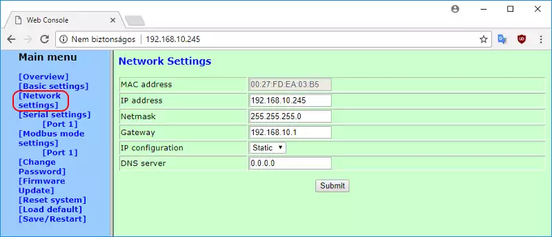 modbus rtu tcp gateway network settings