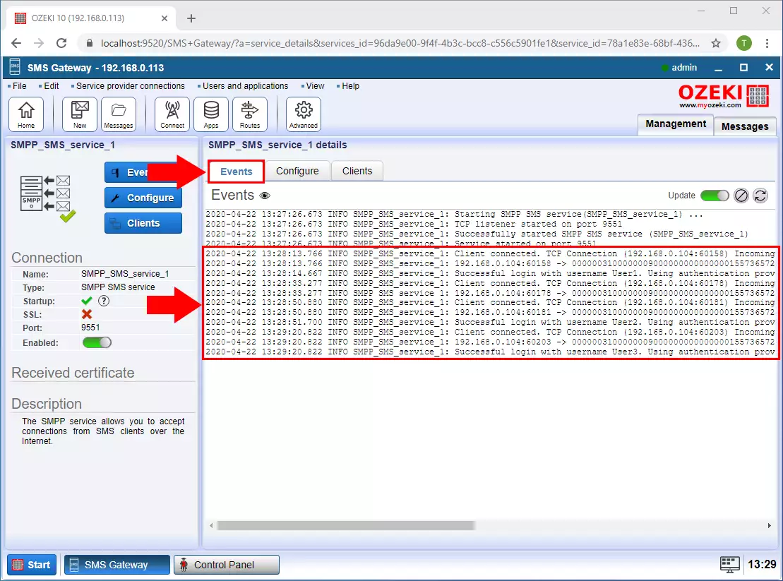 smpp client connected