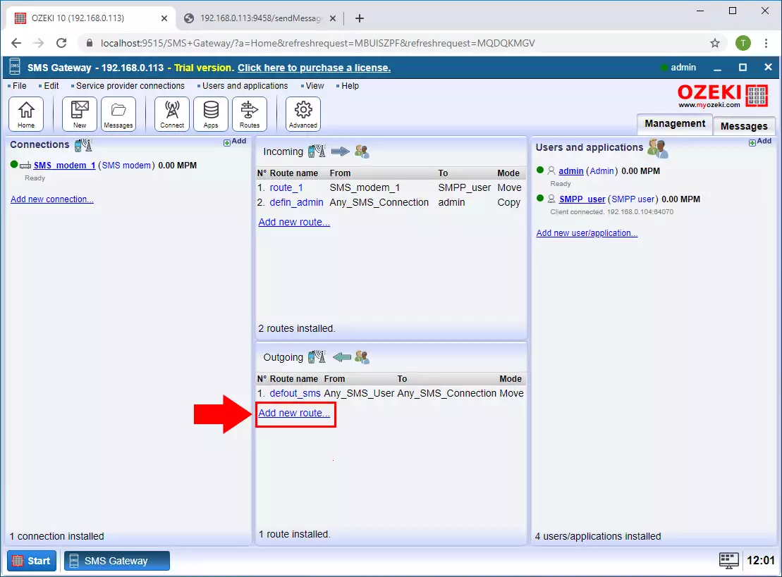 how to add new outbound route in ozeki sms gateway