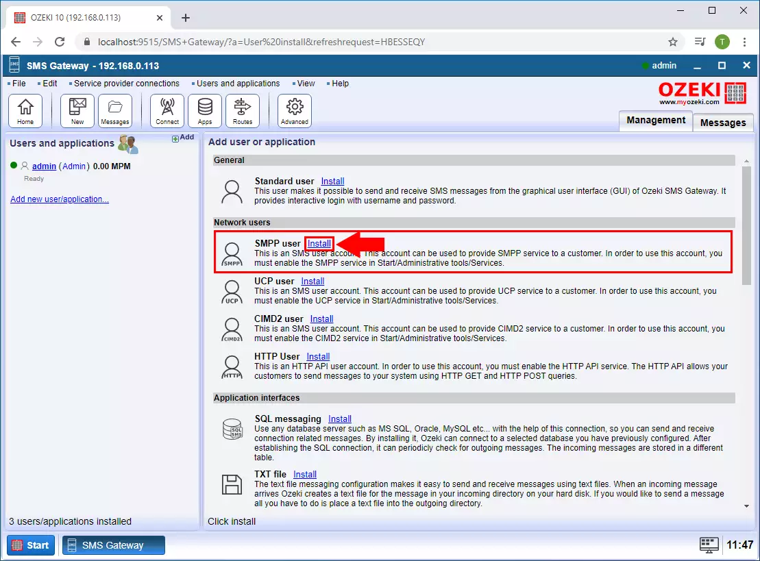 how to add smpp user in ozeki sms gateway