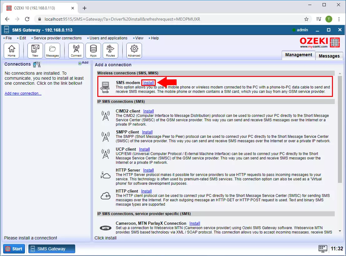 how to install sms modem connection in ozeki sms gateway