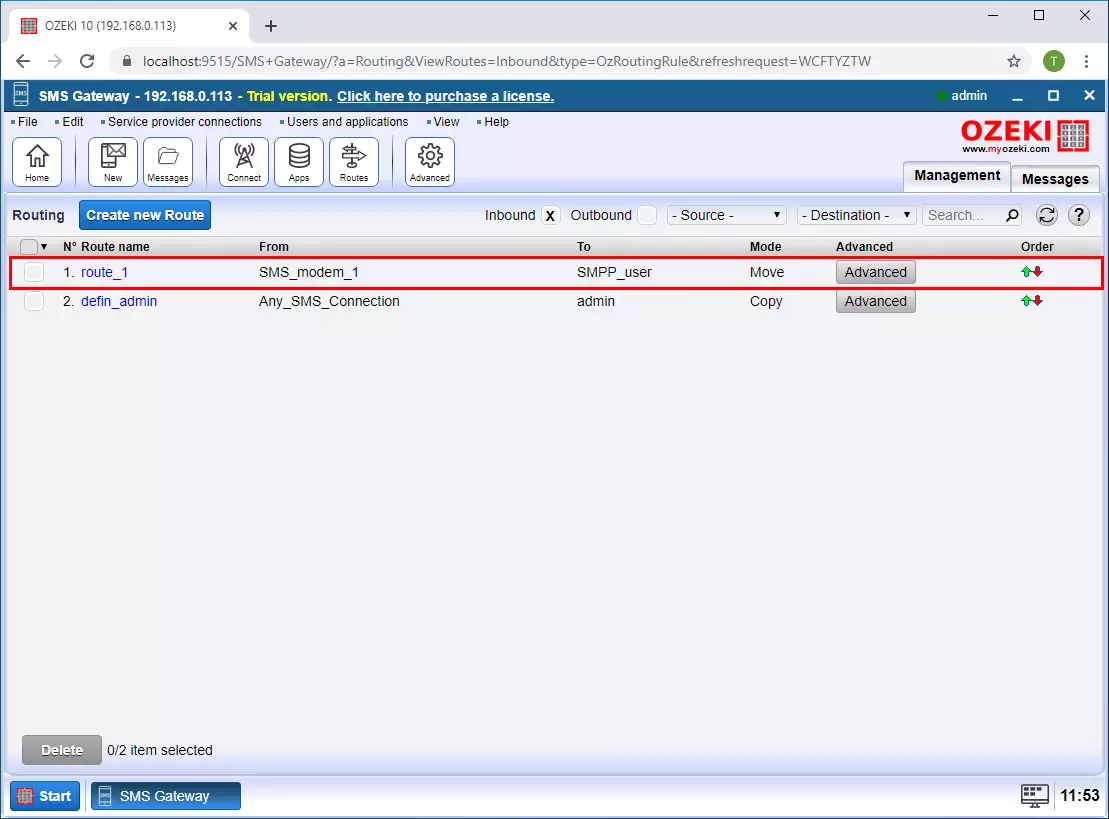 inbound route created in ozeki sms gateway