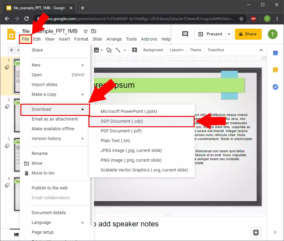 how to dowload your presentation as odp file in google docs